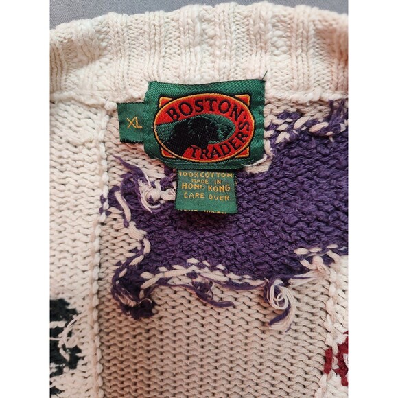 Women's Vintage Boston Trader's Knit Cardigan Leaf Pattern Stripes Cream XL - Picture 5 of 5